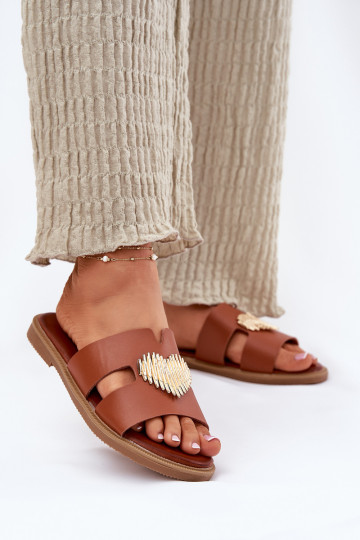 Womens sandals on a flat heel with a gold decoration Karinma