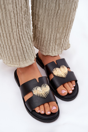 Women's Flat Sandals With Gold Decoration Black Karinma