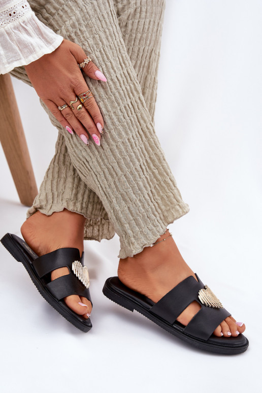 Women's Flat Sandals With Gold Decoration Black Karinma