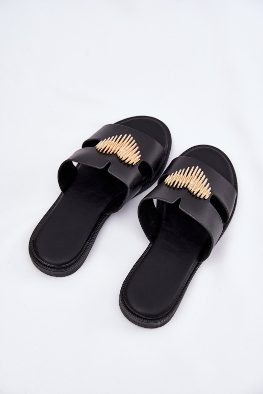 Women's Flat Sandals With Gold Decoration Black Karinma