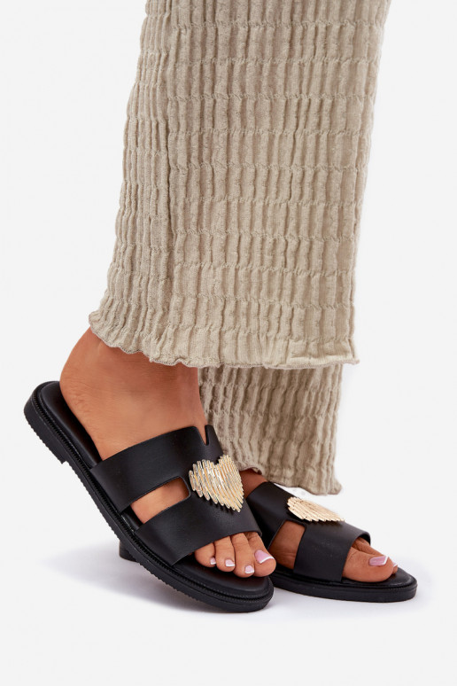 Women's Flat Sandals With Gold Decoration Black Karinma