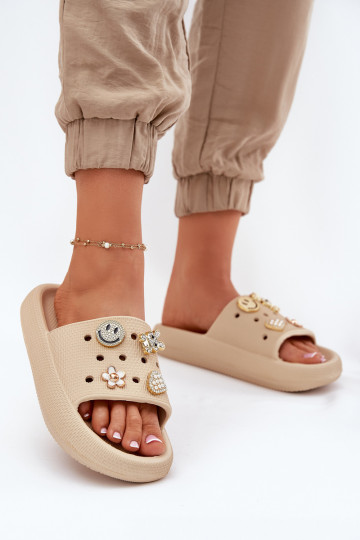 Women's Foam Slippers With Embellishments Beige Vinceza 76055