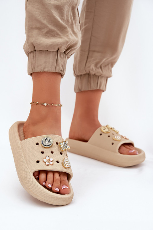 Women's Foam Slippers With Embellishments Beige Vinceza 76055