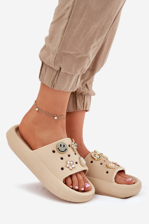 Women's Foam Slippers With Embellishments Beige Vinceza 76055