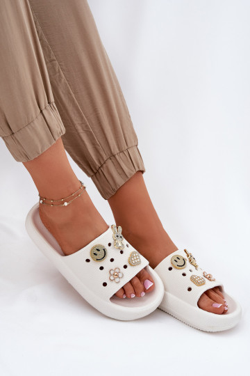 Women's Foam Slippers With Decorations 76055 White Vinceza