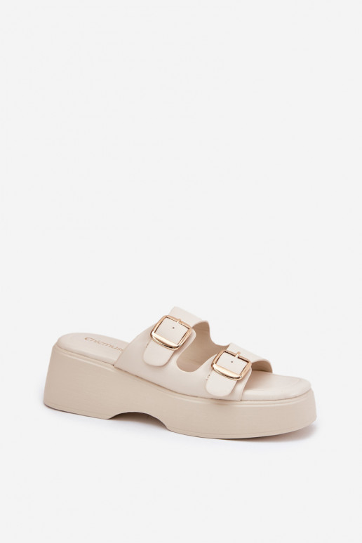 Wedge And Platform Women's Slippers With Buckles Light Beige Nitarelia