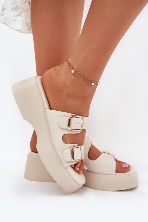 Wedge And Platform Women's Slippers With Buckles Light Beige Nitarelia