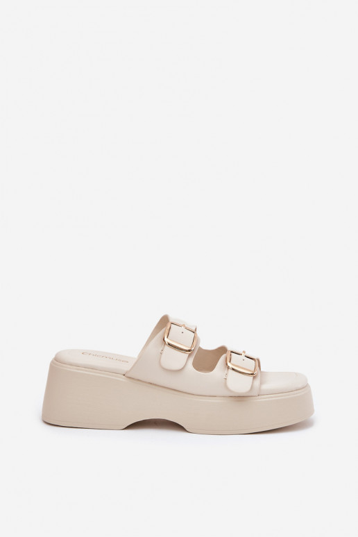 Wedge And Platform Women's Slippers With Buckles Light Beige Nitarelia