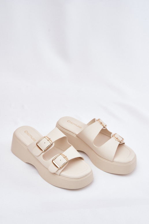 Wedge And Platform Women's Slippers With Buckles Light Beige Nitarelia