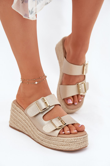 Wedge Sandals For Women With Braiding And Buckles Gold Pasinea