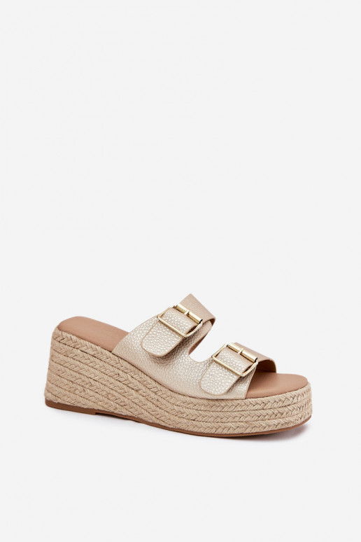 Wedge Sandals For Women With Braiding And Buckles Gold Pasinea