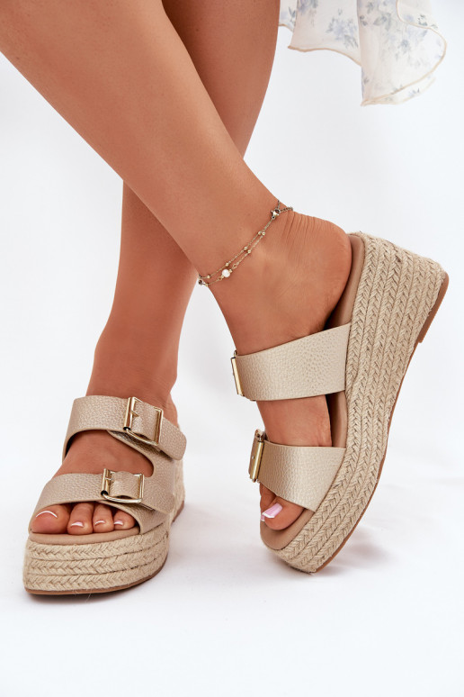 Wedge Sandals For Women With Braiding And Buckles Gold Pasinea