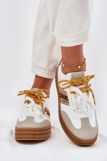 Sneakersy Damskie Na Platformie Z Podwójnym Sznurowaniem Panterka Białe Niteria