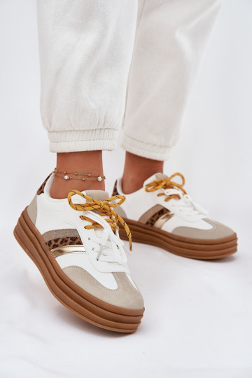 Womens Platform Sneakers With Double Lacing Leopard Print White Niteria 2