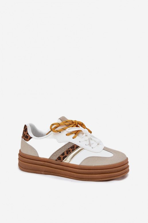 Womens Platform Sneakers With Double Lacing Leopard Print White Niteria