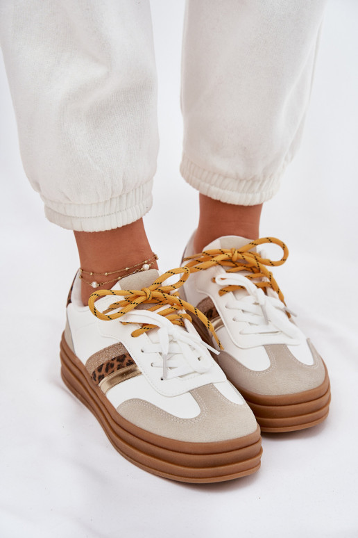 Sneakersy Damskie Na Platformie Z Podwójnym Sznurowaniem Panterka Białe Niteria