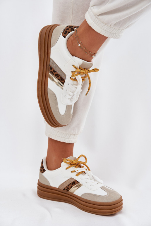 Womens Platform Sneakers With Double Lacing Leopard Print White Niteria