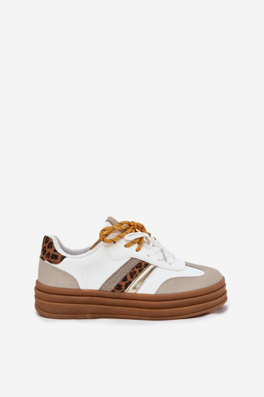 Womens Platform Sneakers With Double Lacing Leopard Print White Niteria
