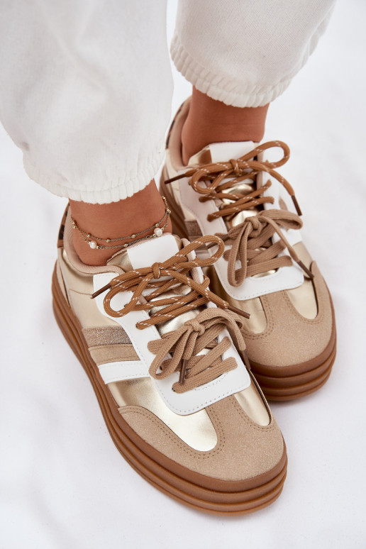 Sneakersy Damskie Na Platformie Z Podwójnym Sznurowaniem Panterka Złote Niteria