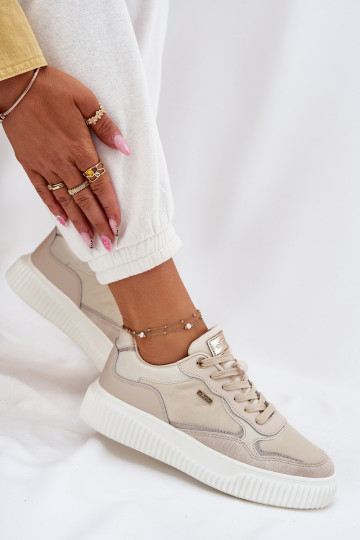 Womens Leather Sneakers On Platform Beige Velarria