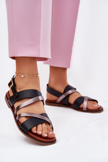 Ladies Sandals With Flat Heel And Straps Black Sergio Leone SK086H