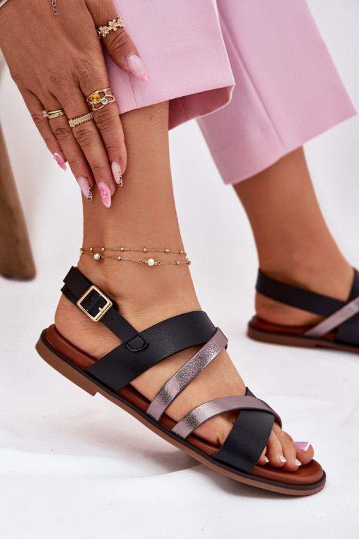 Ladies Sandals With Flat Heel And Straps Black Sergio Leone SK086H