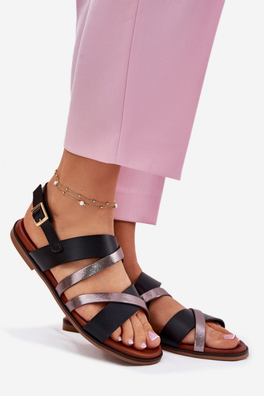 Ladies Sandals With Flat Heel And Straps Black Sergio Leone SK086H