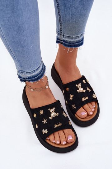 Ladies Suede Slippers With Clips Black Vinceza 66741