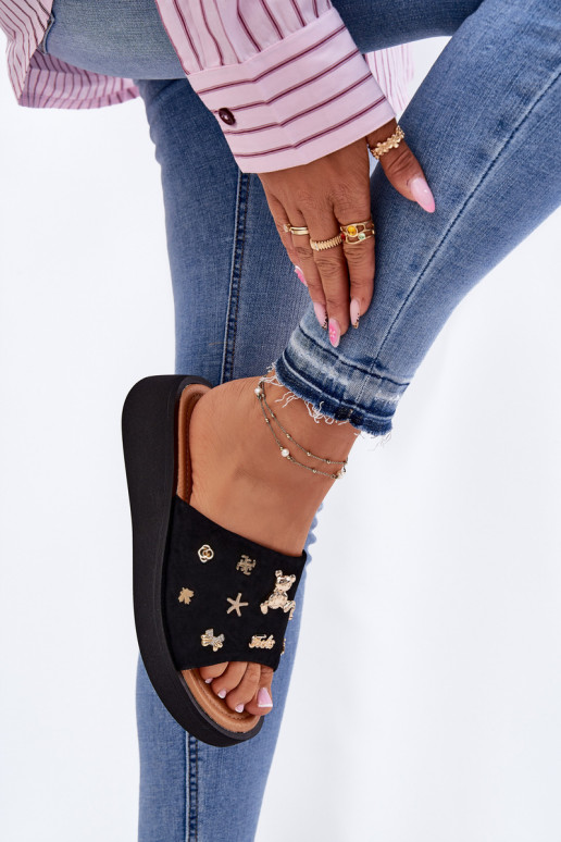 Ladies Suede Slippers With Clips Black Vinceza 66741 Ladies Suede Slippers With Clips Black Vinceza 66741