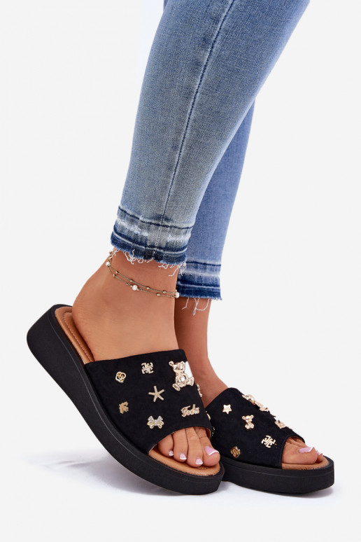 Ladies Suede Slippers With Clips Black Vinceza 66741 Ladies Suede Slippers With Clips Black Vinceza 66741
