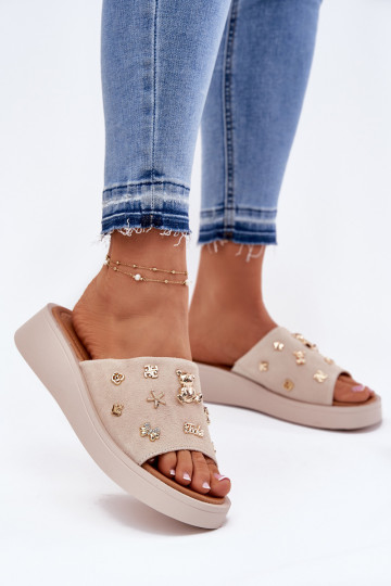 Women's Suede Slippers With Pins Vinceza 66741 Beige