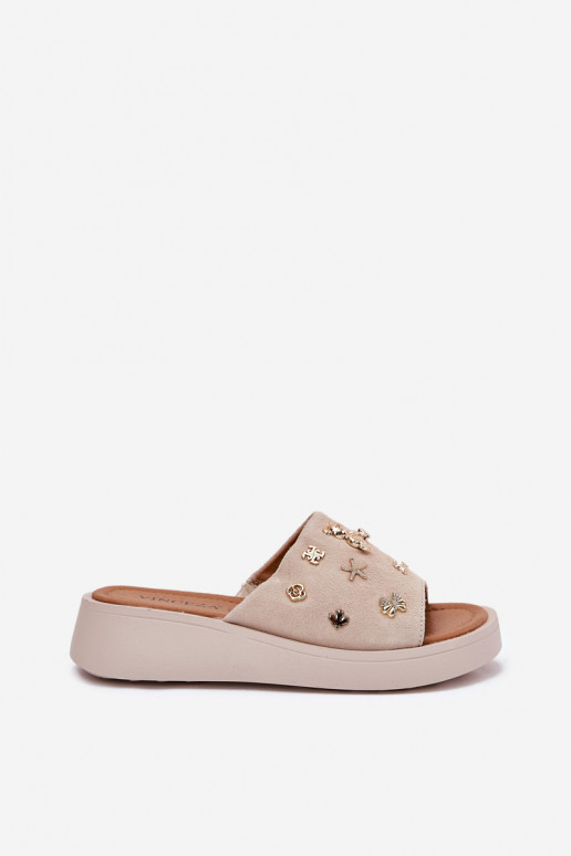 Women's Suede Slippers With Pins Vinceza 66741 Beige Women's Suede Slippers With Pins Vinceza 66741 Beige