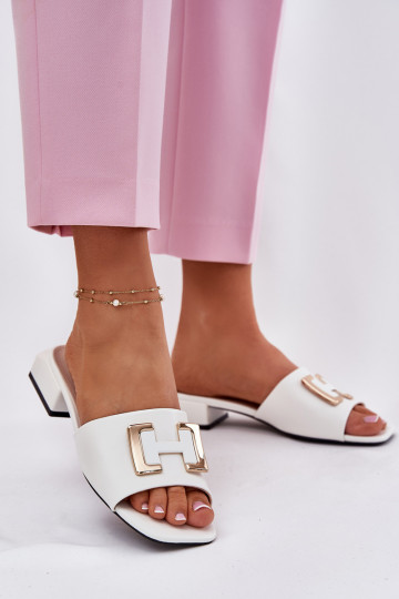 Elegant Women's Mules On A Block Heel With A Gold Detail Vinceza 62229 White 2