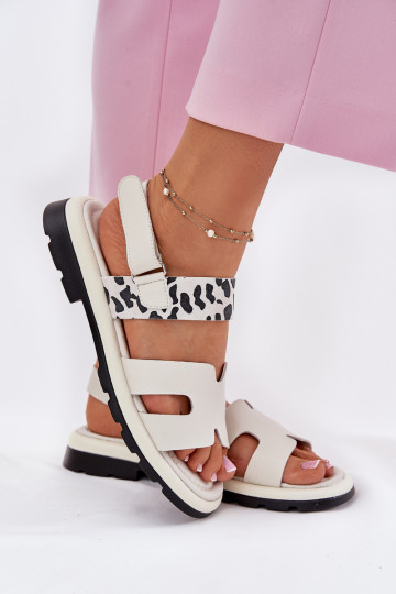 Ladies Leather Sandals On Flat Heel Leopard Vinceza 66780 Beige