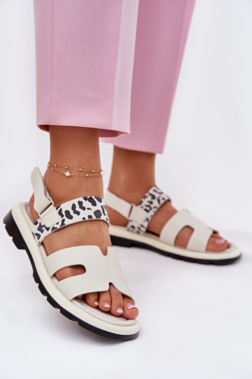 Ladies Leather Sandals On Flat Heel Leopard Vinceza 66780 Beige 2