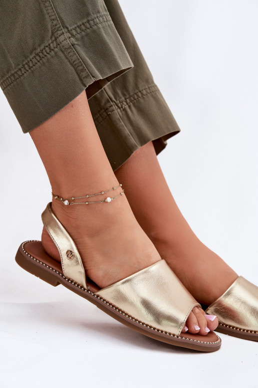 Ladies Sandals On Flat Heel Eco Leather Golden Dereka Ladies Sandals On Flat Heel Eco Leather Golden Dereka