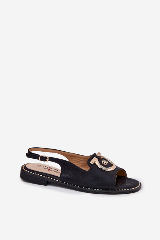 Elegant Sandals With Decoration On Flat Heel S.Barski KV51-003 Black Elegant Sandals With Decoration On Flat Heel S.Barski KV51-003 Black