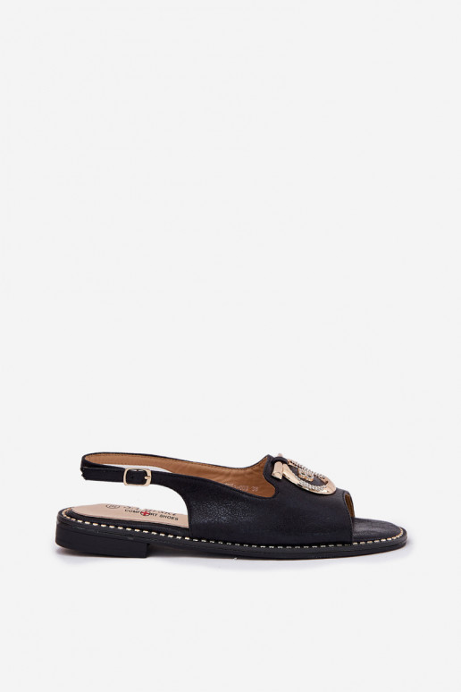 Elegant Sandals With Decoration On Flat Heel S.Barski KV51-003 Black Elegant Sandals With Decoration On Flat Heel S.Barski KV51-003 Black