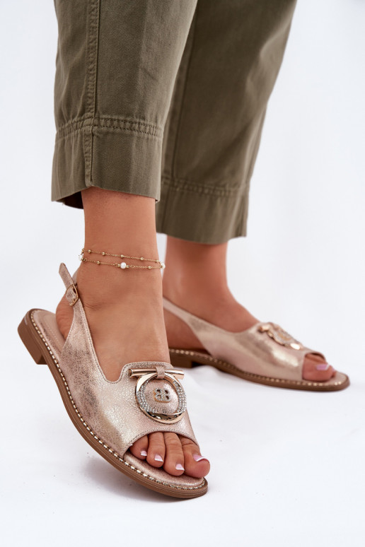 Elegant Sandals With Decoration On Flat Heel S.Barski KV51-003 Rose Gold