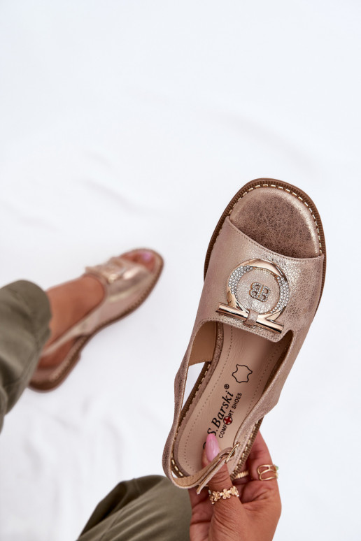 Eleganckie Sandały Z Ozdobą Na Płaskim Obcasie S.Barski KV51-003 Różowe Złoto