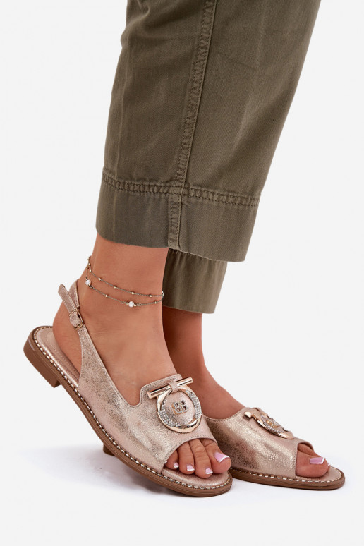 Elegant Sandals With Decoration On Flat Heel S.Barski KV51-003 Rose Gold