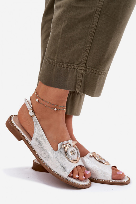 Elegant Sandals With Decoration On Flat Heel S.Barski KV51-003 Silver