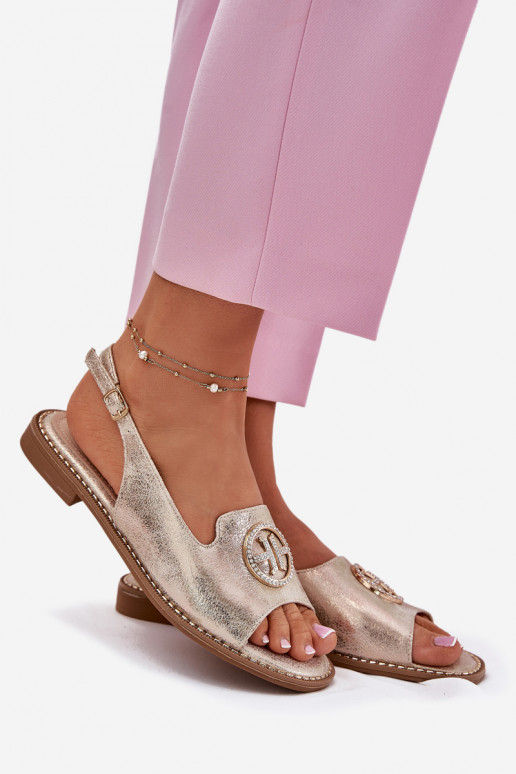 Women's sandals on flat heels with decoration S.Barski KV51-002 golden Women's sandals on flat heels with decoration S.Barski KV51-002 golden