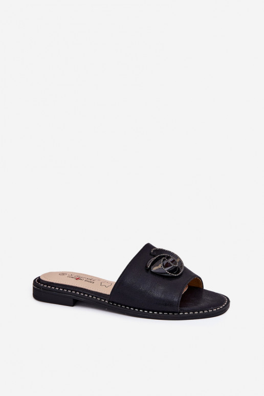 Women's Flat Sandals With Decorative Detail KV51-007 Black Women's Flat Sandals With Decorative Detail KV51-007 Black