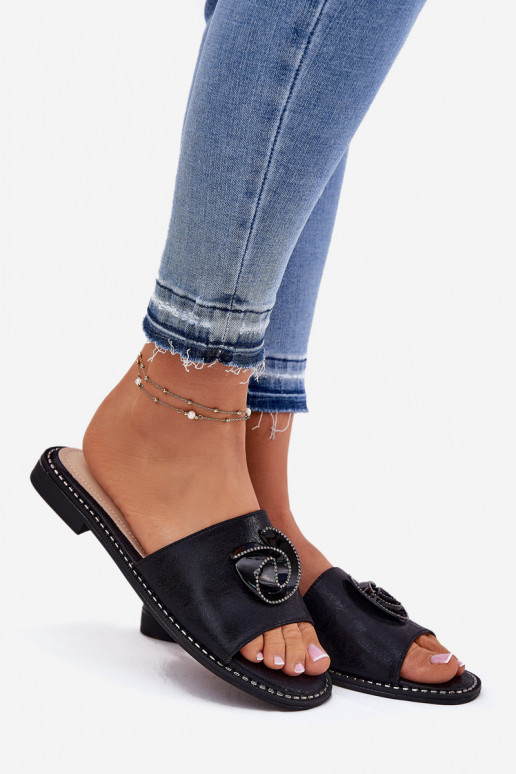 Women's Flat Sandals With Decorative Detail KV51-007 Black Women's Flat Sandals With Decorative Detail KV51-007 Black