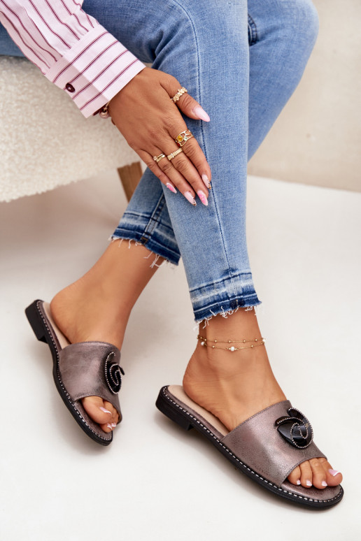 Women Flat Sandals With Decorative Detail KV51-007 Graphite Women Flat Sandals With Decorative Detail KV51-007 Graphite