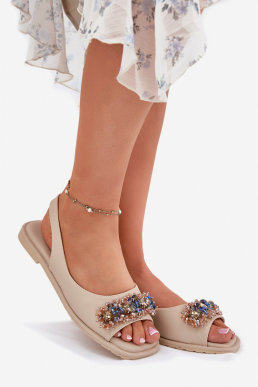 Women Flat Sandals With Crystals S.Barski KV51-079 Beige