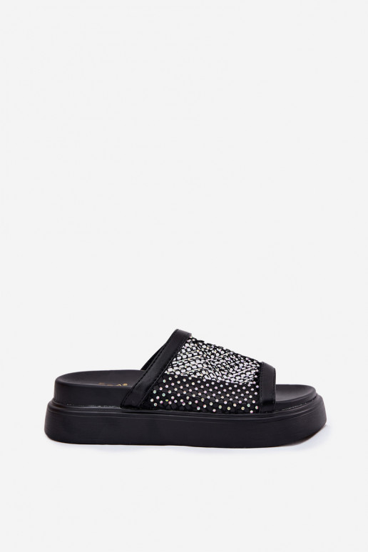 Embellished Women's Platform Slippers With Mesh Black S.Barski MY51-016 Embellished Women's Platform Slippers With Mesh Black S.Barski MY51-016