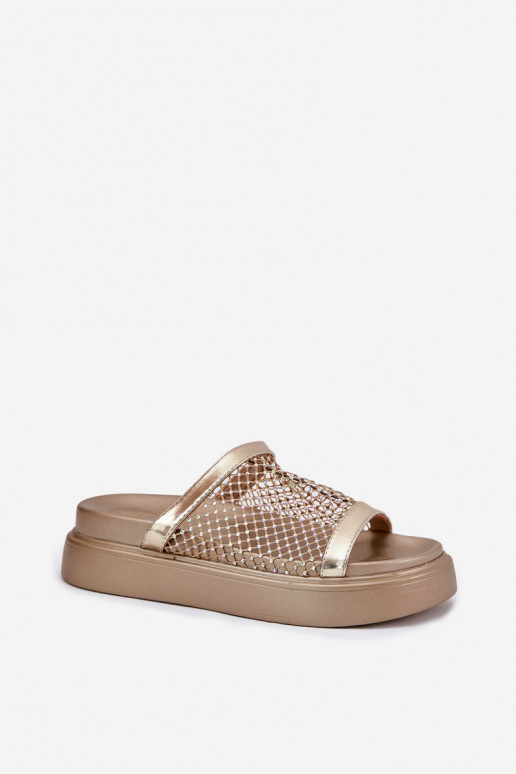 Decorated women's sandals on a platform with mesh S.Barski MY51-016 gold Decorated women's sandals on a platform with mesh S.Barski MY51-016 gold