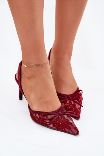 Lace High Heels With Open Back Burgundy Annivirae 2